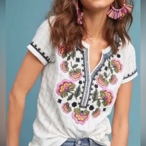 Anthropologie floral White Embellished Blouse